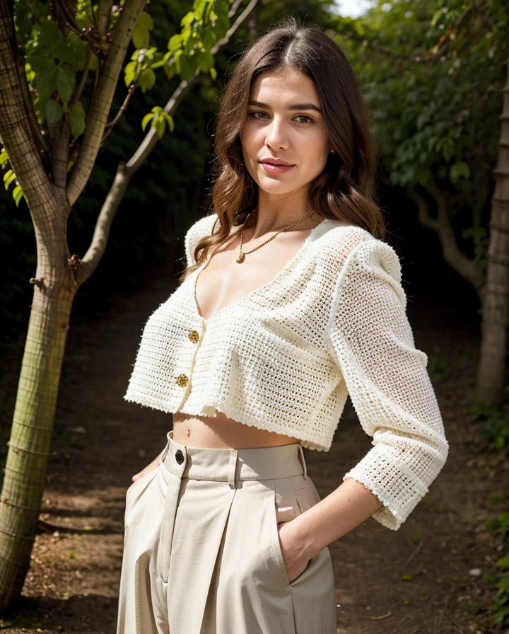 A 24 year old European woman wearing  Emerald silk blouse, ivory crochet vest, black wide-leg trousers, and a chunky gold necklace., with Lob (long bob) hair,   in Lush Vineyard, *betterfashion*, professional photo,  rolling eyes pose, <lora:BetterFashion_Casual-000007:0.85>