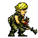simple background, pink background, full body, solo, blonde hair, shirt, gloves, 1boy, standing, male focus, sleeveless, pants, vest, holding weapon, gun, holding gun, rifle, sniper rifle, MSDistinct, MetalSlugSpriteStyle, <lora:MetalSlugSpriteStyle3-32:1.0>