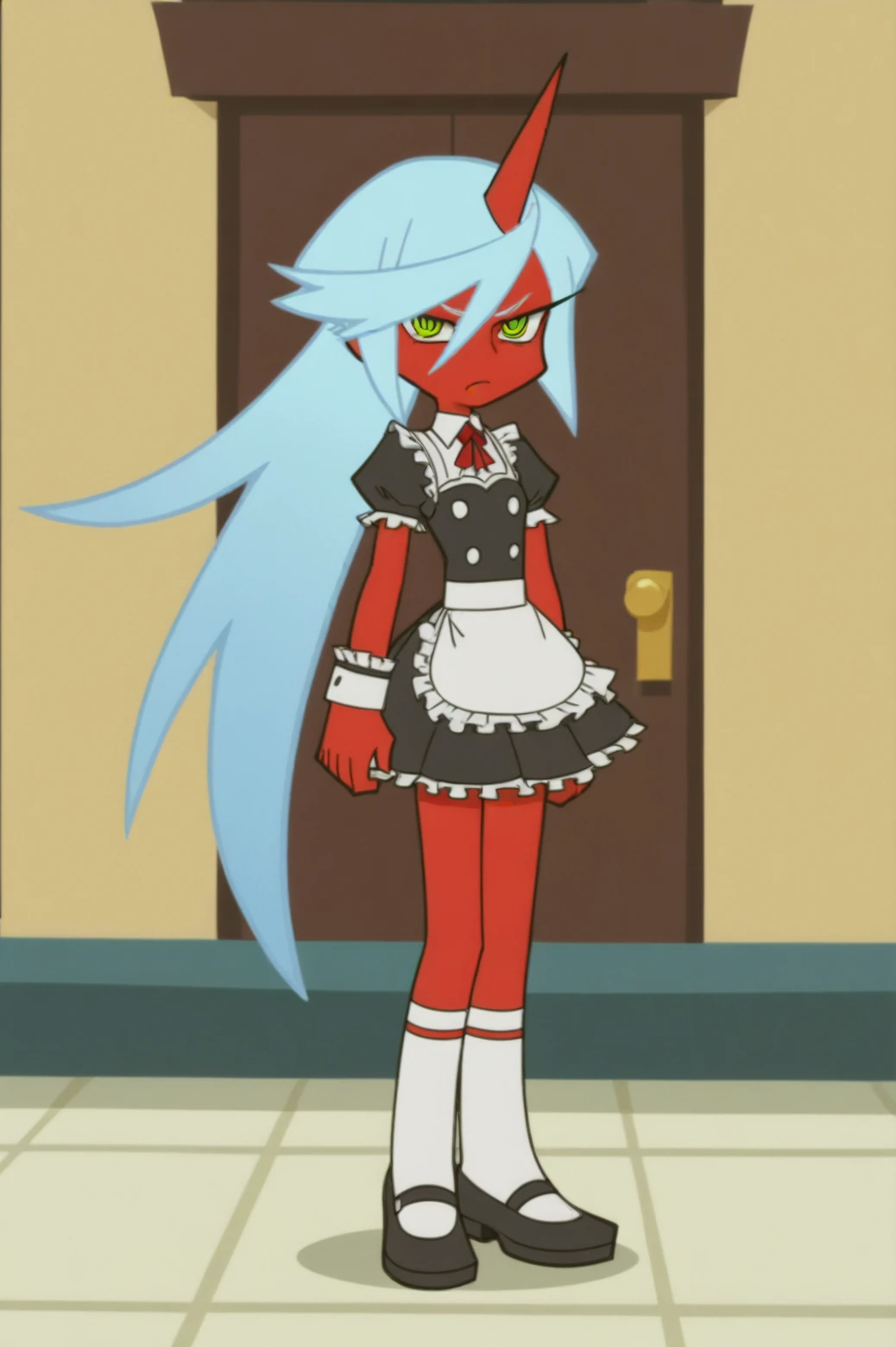 (My little pony), anthro, ((turquoise to white hair gradient)), white body, red eyes, medium breasts, red lips, perfect lines, beautiful quality, room, ((very shy pose)), ((maid costume)), mage hat, radiant light, white stockings, white panties under clothes, big ass, front view, white bra under clothes,