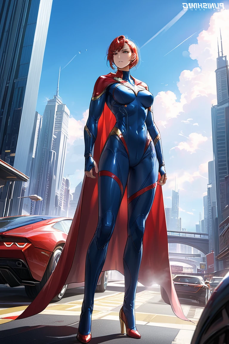 a dynamic and epic digital painting artwork: a muscular female superhero with a red cape and blue bodysuit, standing confidently with one hand on hip in a shiny cityscape, featuring a vibrant blue sky with clouds and a ground vehicle in the background. Artist name: trending on ArtStation, precise anatomy, dramatic lighting, cinematic atmosphere.<lora:EMS-335737-EMS:1.000000>, <lora:EMS-365046-EMS:0.800000>