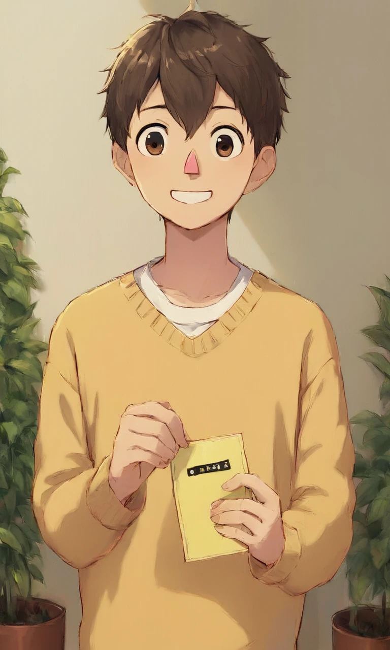 (source_ANIME:1.5), score_9, score_8_up, anime illustration, 1boy, wirtotgw, wirt, over the garden wall, wirt_(over_the_garden_wall), pink nose, smile, waving at viewer, solo, beige skin, short hair, brown_hair, hair between eyes, yellow sweater, male_focus, long_sleeves, holding (videotape:1.5), cozy bedroom, indoors, (detailed:1.5), detailed shading, (anime illustration shading:1.5), masterpiece, best quality