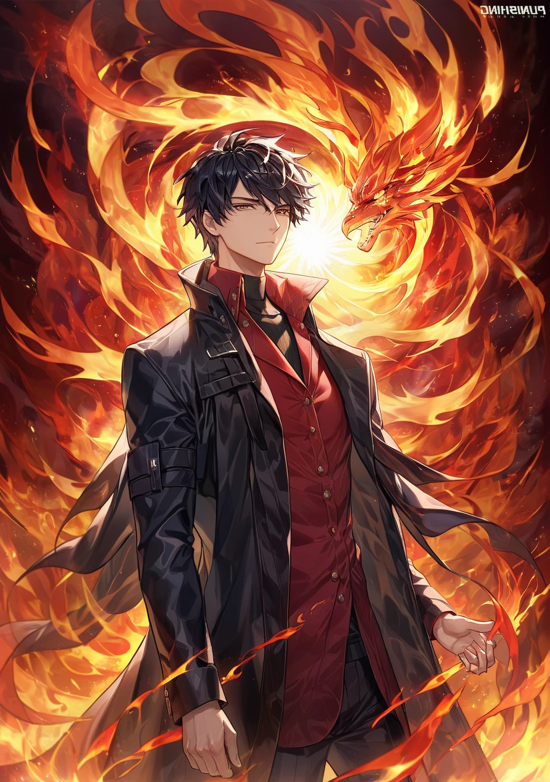 a powerful and charismatic portrait of a confident and stylish man in a black coat and red shirt, with a bold and enigmatic expression, standing against the wind, showcasing his shiny black hair and exuding a boss-like aura, creating a striking and detailed solo focus portrait with a strong and captivating presence,energy,black_flames<lora:EMS-335737-EMS:1.000000>, <lora:EMS-365046-EMS:0.800000>