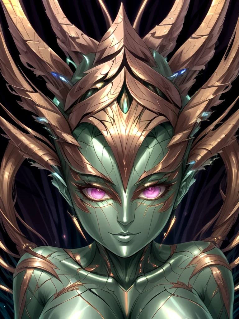 score_9, score_8_up, (masterpiece, best quality:0.9), 1girl, 18yo, sexy eyes, brown eyes, silver face, metallic face, (bronze skin, metal skin:1.2), silver hair, shiny, fractal style, (robot:0.75), (fractal patterns on her face, fractal details:0.5), iridescence, (cracks, rough, torn, tears:0.3), (lust, desire, cute, sexy:0.8), (bare breasts, revealing, nudity, naked breasts:1.2)