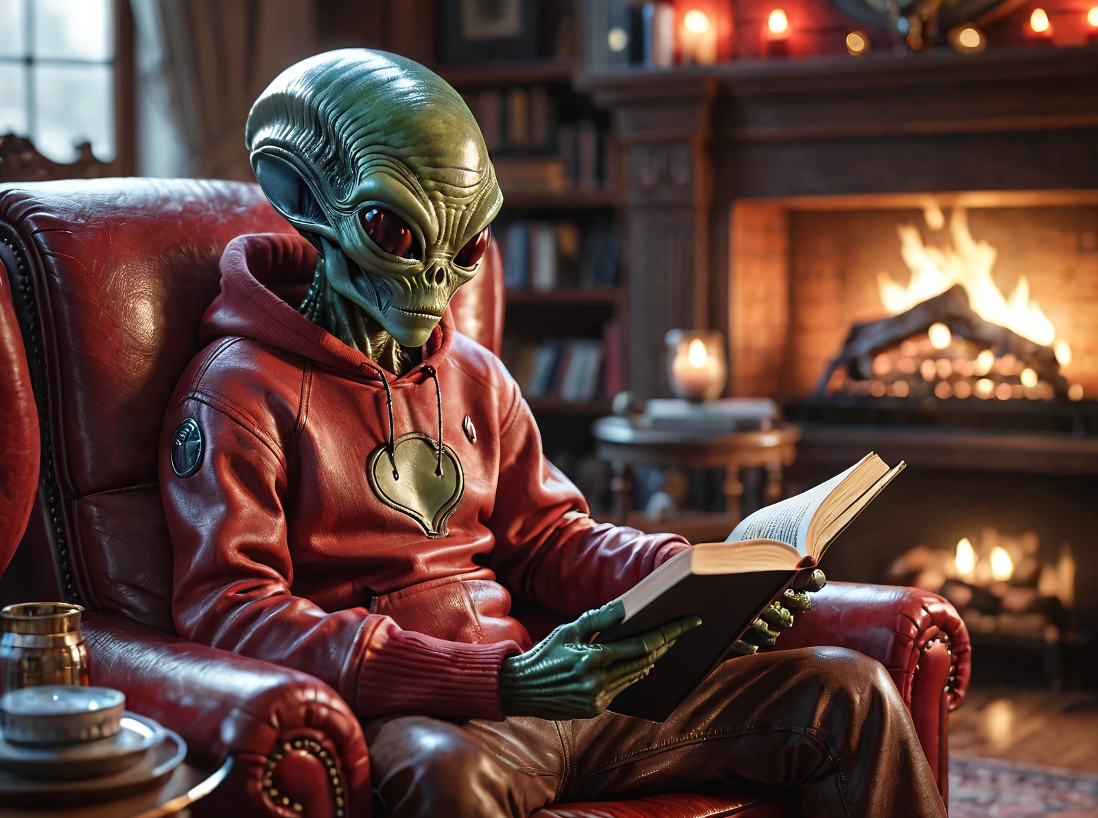 Alien reading a book while sitting next to a fireplace in leather chair,red sweatshirt,detailed face,detailed background,cinematic atmosphere,(hyperdetailed photography:1.3),epic,awardwinning,masterpiece,beautiful detailed,sharp focus,35nm dof,bokeh,raytracing,octane render,trending on artstation