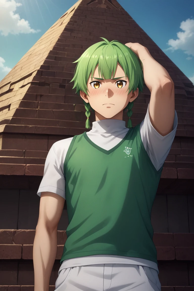 score_9, score_8_up, score_7_up, source_anime, rating_safe, , (realistic:0.6), looking at viewer, , 1boy, solo, male focus, <lora:renly_sao_pony:0.76>, renly_sao, green hair, yellow eyes, short hair, braid, bangs, twin braids, sidelocks, from below, pyramid, dawn, arm up, embarrassed, nose blush, , <lora:sdxl_lightning_8step_lora:1>