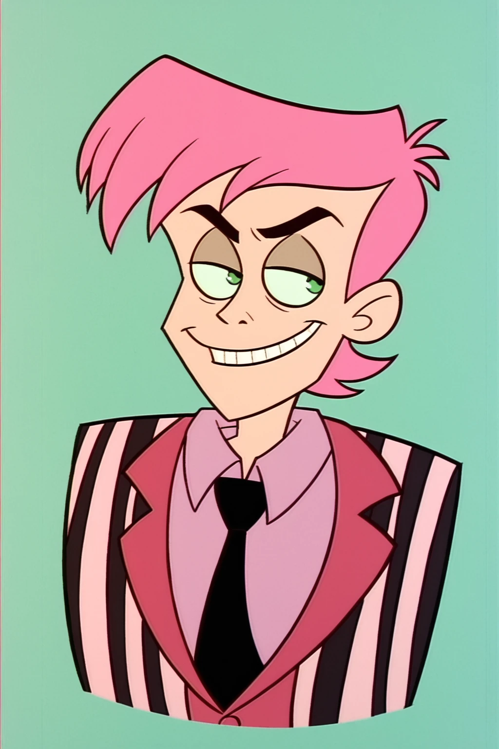 PonyXLV6_Scores , bugjuice style, Beetlejuice, Beetlejuice, Beetlejuice, Alex Brightman, 1boy, solo, male focus, green eyes, short hair, two tone hair, green hair, pink hair , smirk, striped suit, formal, pink shirt, tie, collard shirt, <lora:BugJuicePDXL:0.8>