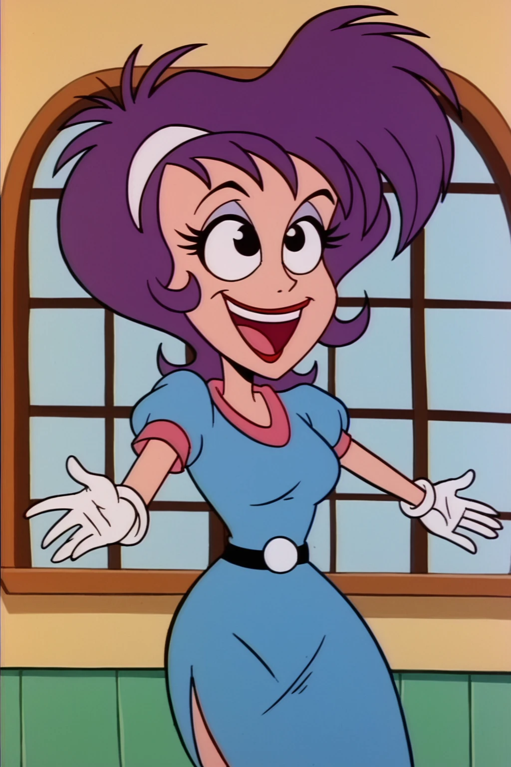 PonyXLV6_Scores , bugjuice style, solo, retro artstyle, gloves, hairband, 1girl, smile, open mouth, 1990s (style), window, parody, outstretched arms, makeup, purple hair, <lora:BugJuicePDXL:1>