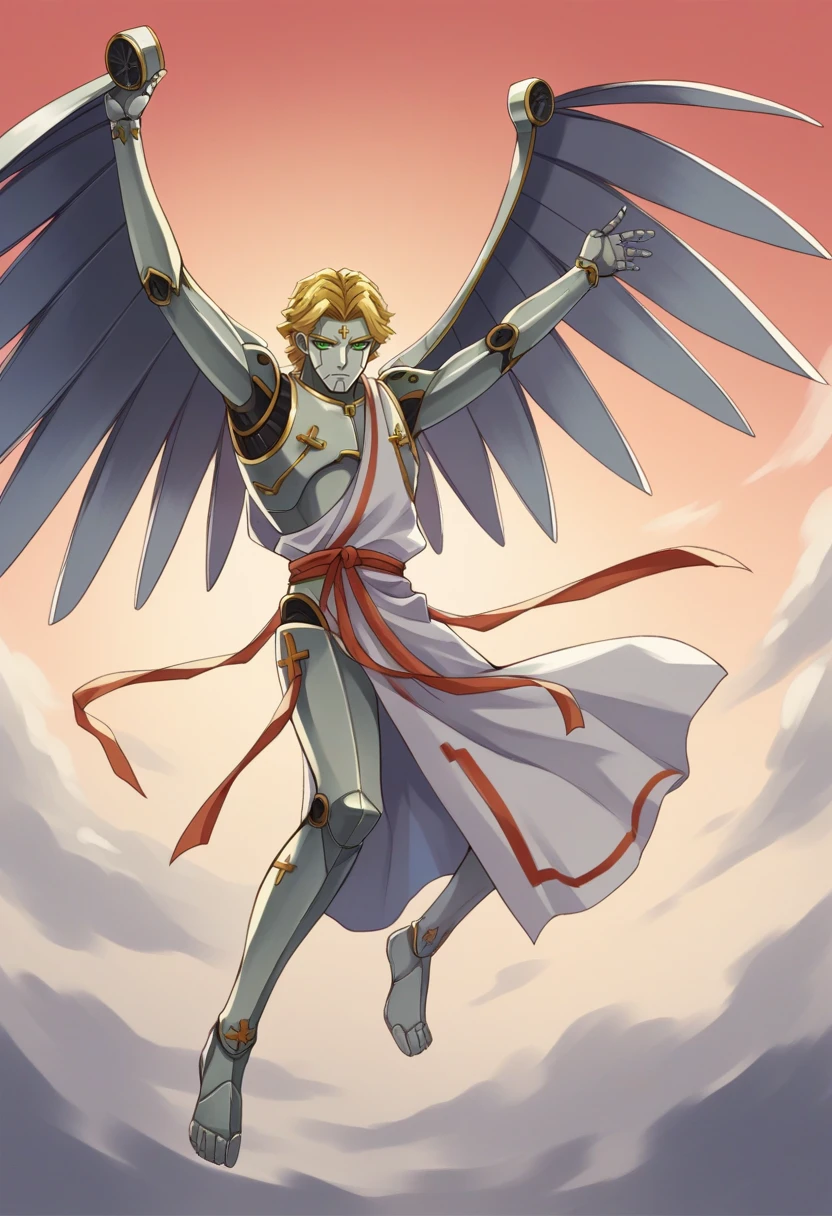 score_9, score_8_up, score_7_up, source_anime BREAK 1boy, solo, <lora:zs_MetatronXL:1> metatronsmt, blonde hair, green eyes, robot, grey skin, mechanical wings, robe, cross, looking at viewer, red sky, flying,