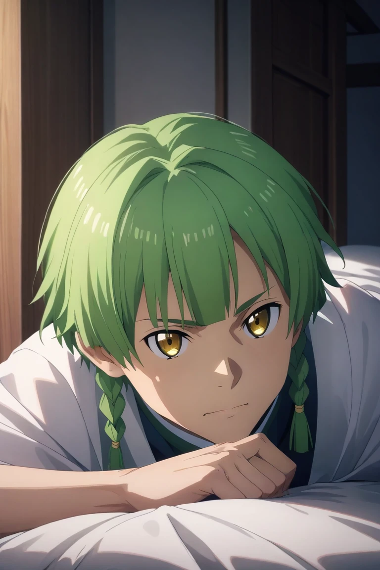 score_9, score_8_up, score_7_up, source_anime, rating_safe, , (photorealistic:0.6), , , 1boy, solo, male focus, <lora:renly_sao_pony:0.88>, renly_sao, green hair, yellow eyes, short hair, braid, bangs, twin braids, sidelocks, upper body, corridor, dawn, lying, on stomach, skin fang, , <lora:sdxl_lightning_8step_lora:1>