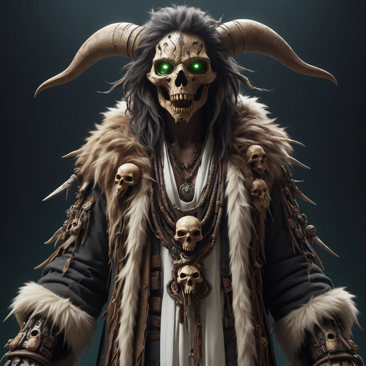 <lora:EPSavageVerseSDXL2:1>, EPSavageVerse, grimdark, primal, feral motifs, tribal symbols, post-apocalypse, dark fantasy, senna from league of legends, au naturel, hyper detailed, brown skin, glowing green neon eyes, wearing white robe, digital art, trending in artstation, cinematic lighting, studio quality, smooth render, unreal engine 5 rendered, octane rendered, art style by klimt and nixeu and ian sprigger and wlop and krenz cushart