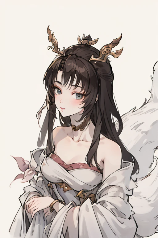 <lora:tianhuxianzi:1>,tianhuxianzi, 1girl, solo, tail, fox tail, multiple tails, ahri, long hair, choker, kitsune, gold jewelry, Fox Fairy, animal ears, white background, dress, brown hair, bare shoulders, simple background, black hair, flower
<lora:Freehand_Brushwork:0.3>,<lora:animeLineartMangaLike_v20Offset:0.2>,lineart,
(portrait:1.2),dynamic_angle,front view,kittew,cuteg,flat chest,small_breasts,(looking_at_viewer:1.3),, best quality , masterpiece, illustration, an extremely delicate and beautiful, extremely detailed ,CG,unity,8k wallpaper, Amazing, finely detail, masterpiece, best quality,official art,extremely detailed CG unity 8k wallpaper,absurdres, incredibly absurdres, huge filesize , ultra-detailed, highres, extremely detailed,beautiful detailed girl, extremely detailed eyes and face, beautiful detailed eyes,light on face,