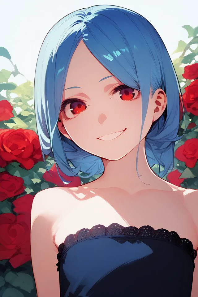 score_9, score_8_up, score_7_up, 1girl, cheeky smile, looking at viewer, dark_blue hair, hair_intakes, red eyes, flat chest, beautiful background <lora:Haruba_Negi_PonyXL_style_v01.06.01:1>