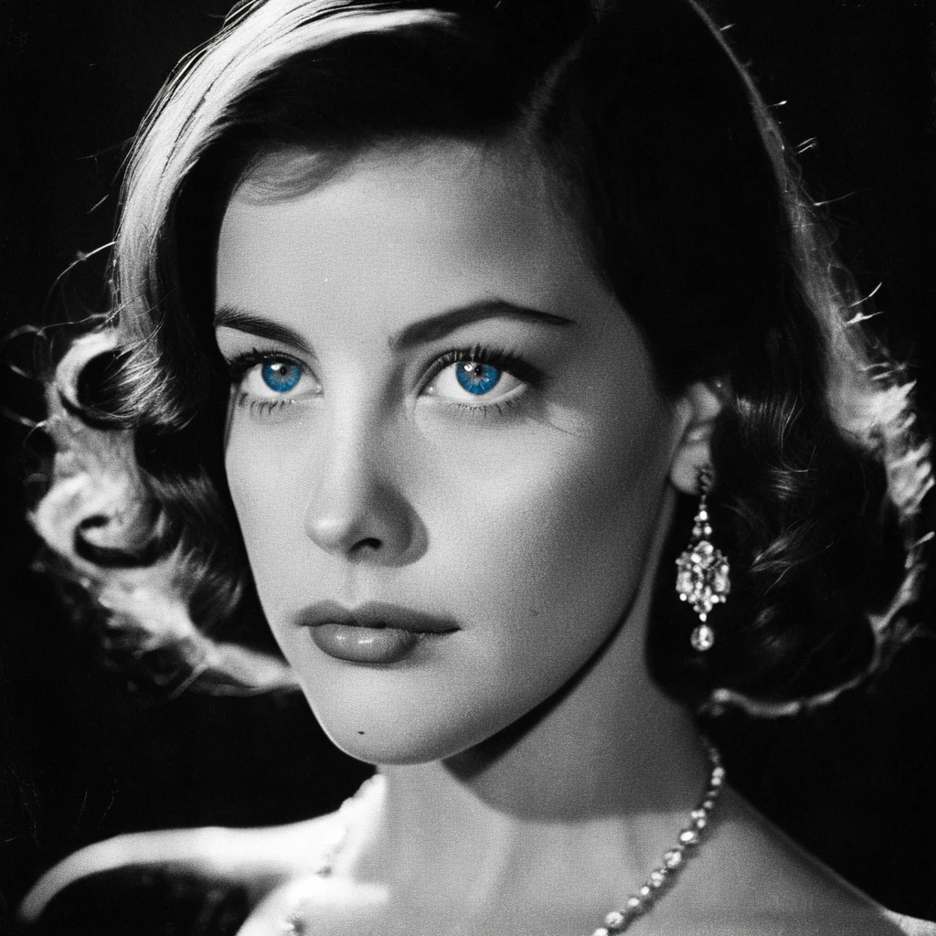 (Skin texture),old film grain, High quality closeup portrait photograph of a stunning 1930s film noir actress in the spotlight, black and white except for her (((blue eyes))), glamour, old hollywood charm,  livxtylr,   <lora:livtyler_juggerX_xl_1_standard_wocap-livxtylr-000069:1>