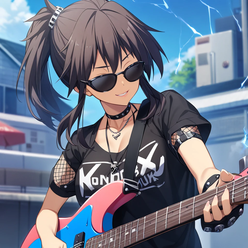 1girl, yuzuri, memories off 8, solo, sunglasses, punk style, electricity guitar, smoke, upper body, cool smile, day, masterpiece, best quality, highly detailed,  <lora:yuzuri:1>