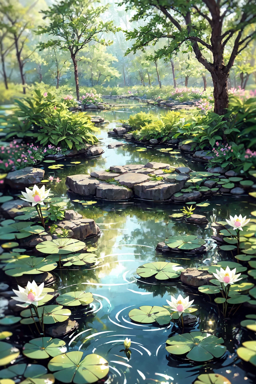 PrismaticdskStyle, flower, outdoors, water, blurry, tree, no humans, nature, scenery, forest, reflection, crystal, rock, lily pad, pond, reflective water,<lora:Prismatic-08:0.5>