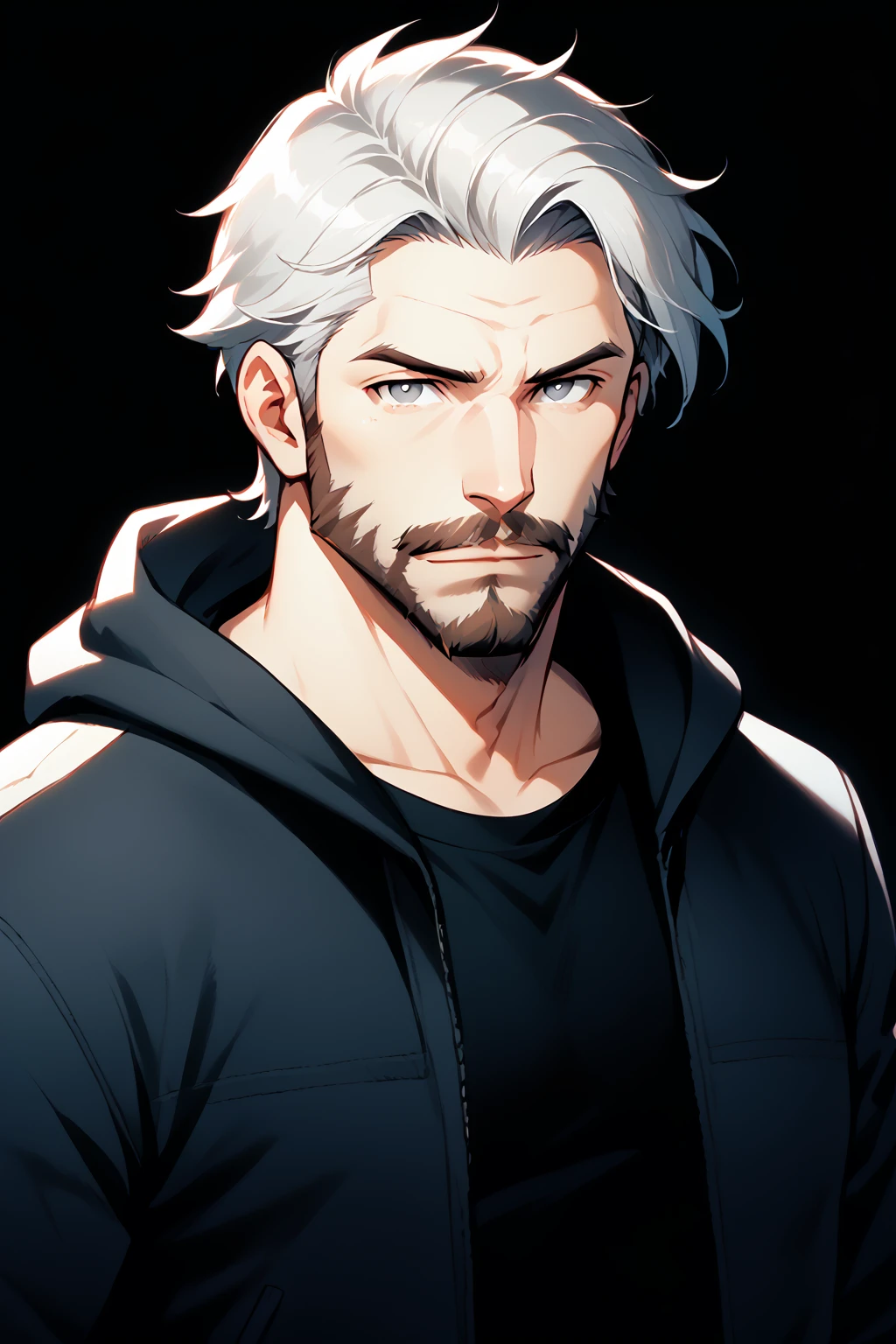 Andrew Ennis-Bryant, 1boy, beard, black background, black shirt, closed mouth, facial hair, grey eyes, hood, hoodie, jacket, looking at viewer, male focus, manly, mature male, mustache, open clothes, open jacket, portrait, short hair, simple background, solo, upper body, white hair, <lora:AndyEnnisPonyXL:0.8>