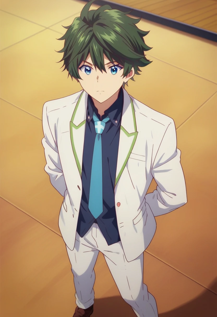 score_9, score_8_up, score_7_up, masterpiece, best quality, ,solo, HARUHIKO ICHIJO, GREEN HAIR, BLUE EYES, SCHOOL UNIFORM, blue NECKTIE, Blue shirt, white JACKET, white pants, brown shoes<lora:EMS-365520-EMS:1.000000>