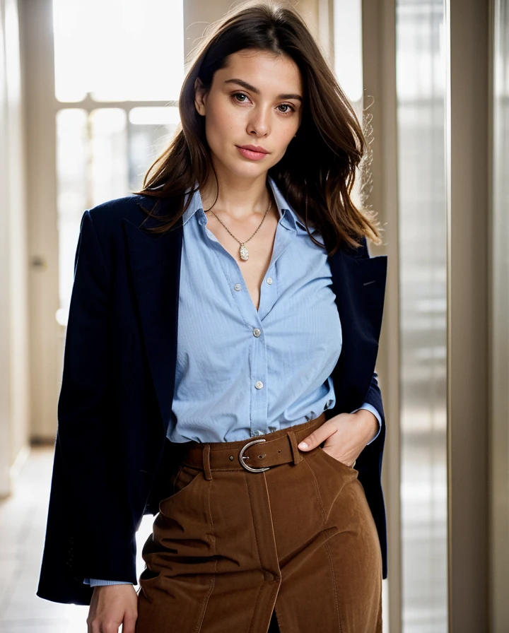 A 24 year old French woman wearing Sky blue button-down shirt, tan corduroy vest, navy pencil skirt, and a silver locket pendant., with Wispy bangs hair, in Elegant Hallway, *betterfashion*, professional photo, sexy pose, <lora:BetterFashion_Casual-000007:0.85>