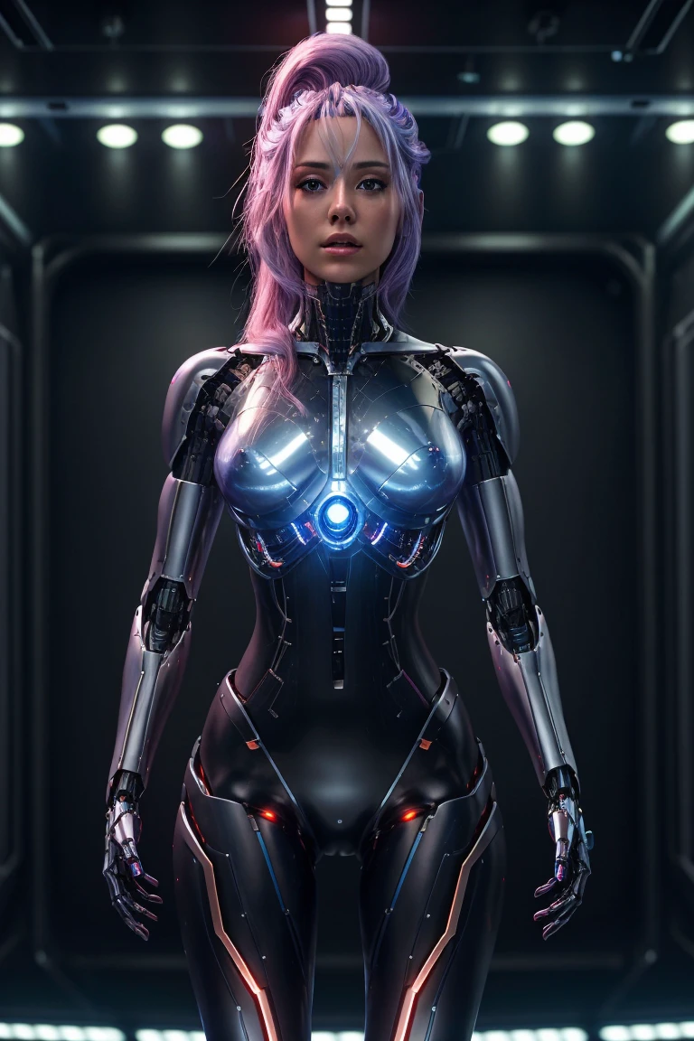 Techwear fashion (masterpiece, high resolution, CGI:1.4), (depicting a futuristic cyborg woman with striking pink hair:1.3), (her eyes emanating a mesmerizing blend of green and blue light:1.2), (a combination of human and robotic elements seamlessly integrated throughout her body:1.3), (her arms replaced with sleek, metallic limbs, adorned with intricate circuits and glowing symbols:1.3), (her legs enhanced with bionic enhancements, allowing her to move with grace and precision:1.2), (her skin featuring a seamless blend of organic and synthetic materials, giving her a unique appearance:1.2), (her robotic enhancements designed with meticulous attention to detail, showcasing a balance of aesthetics and functionality:1.2), (the Canon EOS R6 camera used to digitally capture this stunning creation:1.4), (paired with the Canon RF 85mm f/1.2 L USM lens for precise rendering of her features:1.4), (the laboratory environment exuding a sleek and minimalistic design:1.2), (clean white walls and polished metallic surfaces reflecting the futuristic ambiance:1.2), (subtle neon lights casting a soft glow, enhancing the futuristic atmosphere:1.2), (advanced holographic displays showing complex data and schematics:1.2), (the cyborg woman standing confidently amidst the advanced technology, exuding a sense of power and intelligence:1.2), (a captivating and thought-provoking portrayal of the merging of human and machine:1.2). . Futuristic, cyberpunk, urban, tactical, sleek, dark, highly detailed