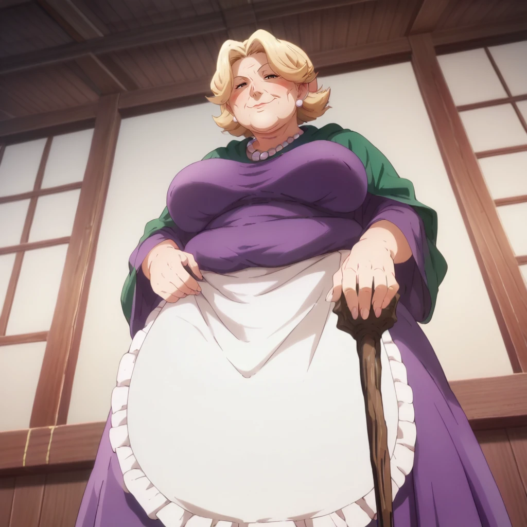 score_9, score_8_up, score_7_up,score_6_up, score_5_up, score_4_up,source_anime,
BREAK
1girl,(solo),pose,perfect hands,blush,from below, (standing),half-closed eyes, pov crotch, looking at viewer, smug,obese, sagging breasts, fat arms,short green cloak, ssbbw,cane,shaded face, purple dress, apron, pantyhose,
indoors,bedroom,east asian architecture, futon,
BREAK
<lora:anime_screencap:1> fine anime screencap_xl, anime_screencap <lora:AgathaXL:0.8> (greying blonde hair), old, old woman,short, agathapokemonxl