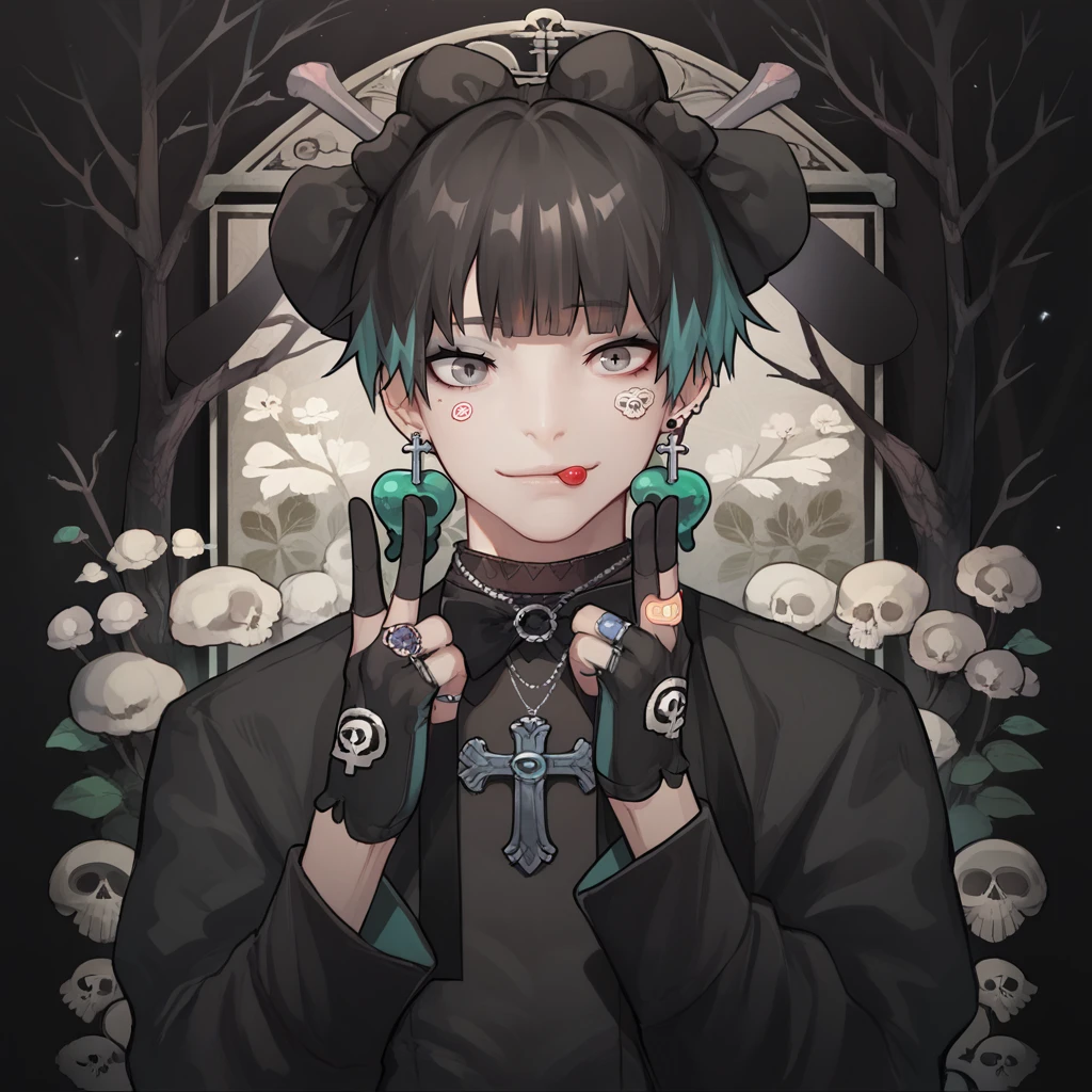 PonyXLV6_Scores, <lora:VisualkeiPnyXL:1> 1girl, bandaid, bangs, black flower, blunt bangs, bow, bowtie, cherry, cross, dated, earrings, floral background, gloves, grey eyes, leotard, long sleeves, looking at viewer, male focus, necklace, ring, shoes, skull, smile, solo, tongue out, tree, two-tone hair, upper body, v