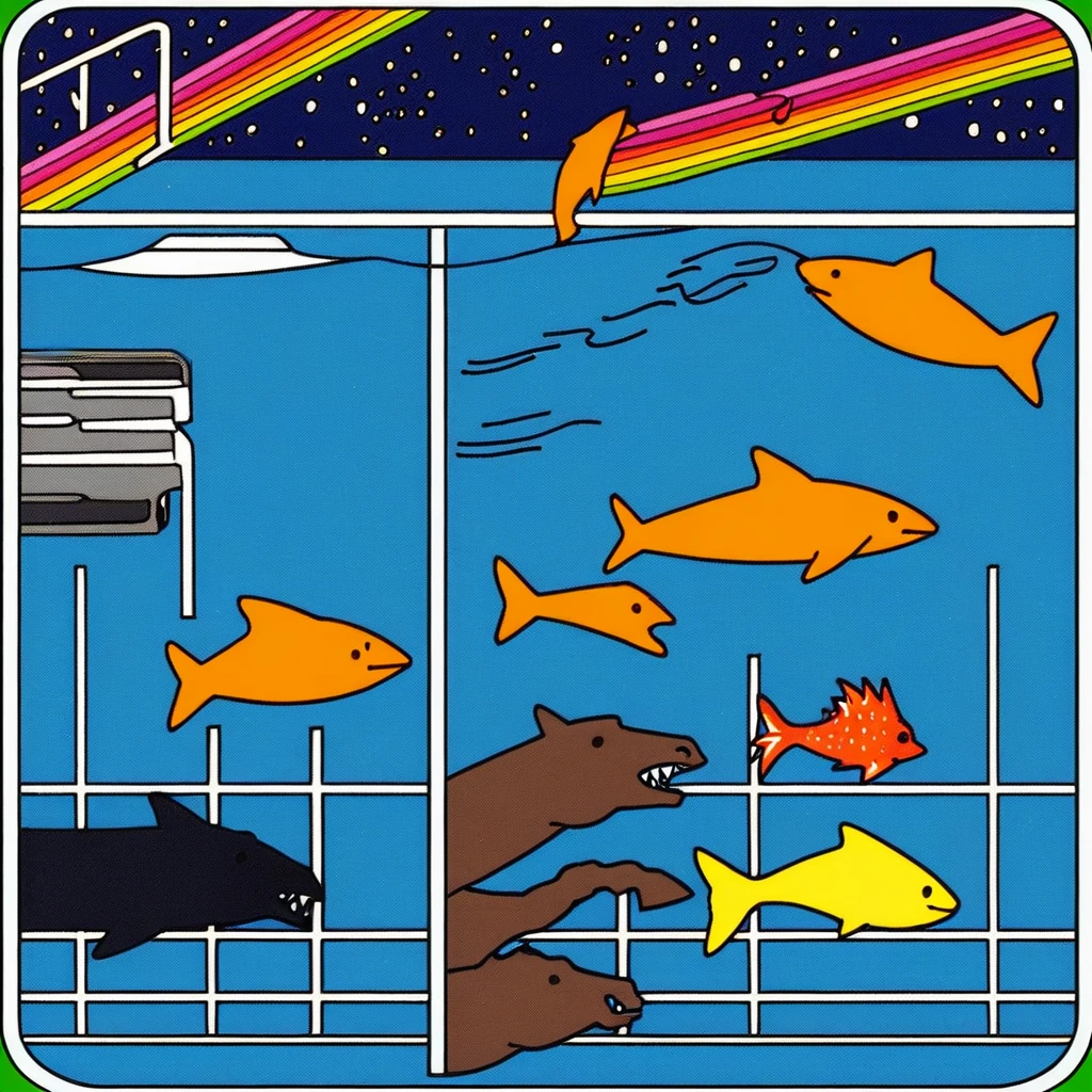 water, tile floor, white background, horse, border, fish, diver, rainbow, truck, multiple boys, submarine, animal, silhouette, race, no humans, jailbreak, profile, sharp teeth, starry sky