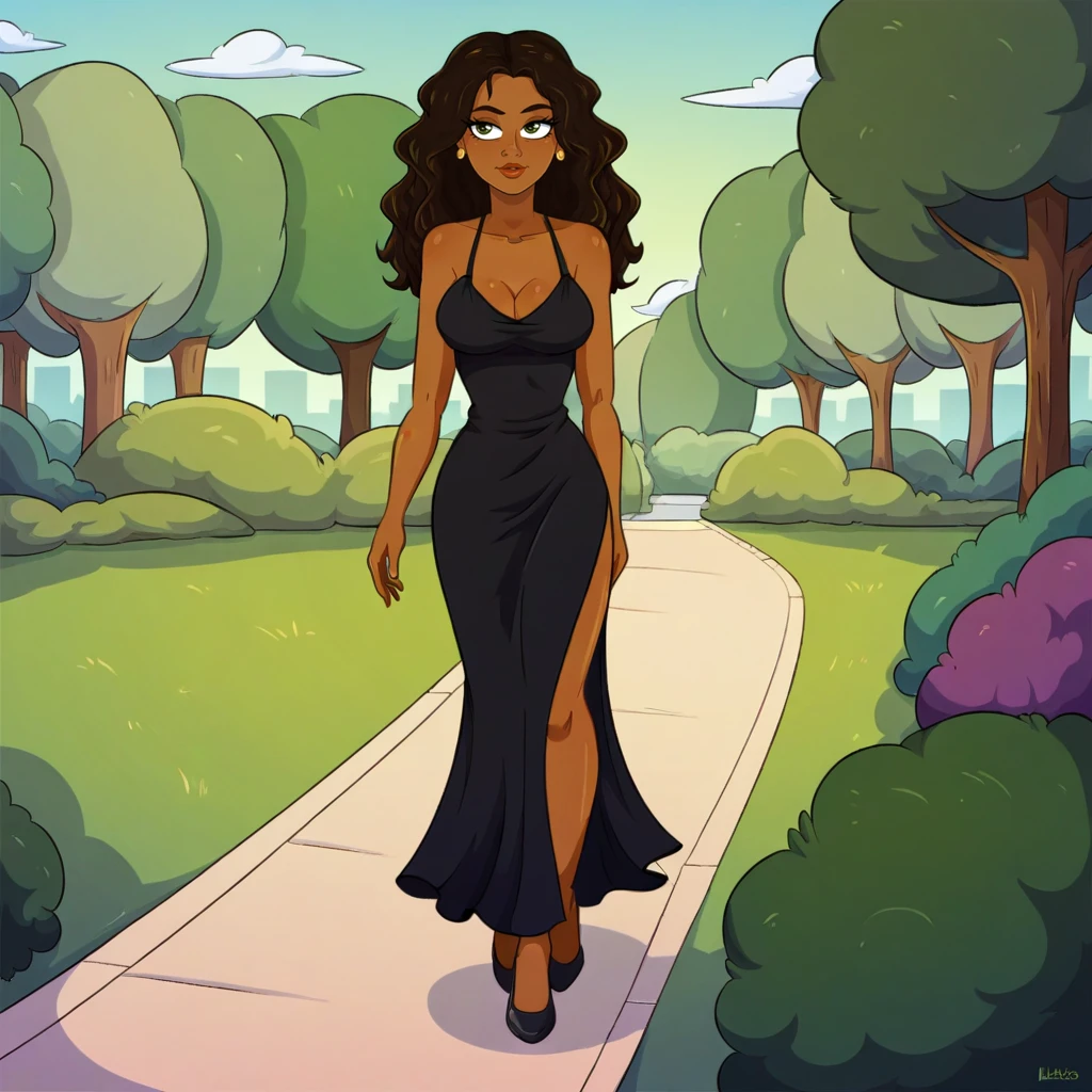 score_9, girl walking in the park, solo, <lora:LolaFL_XL:0.8> lolaFL, fake lay, very dark skin , black dress, heels