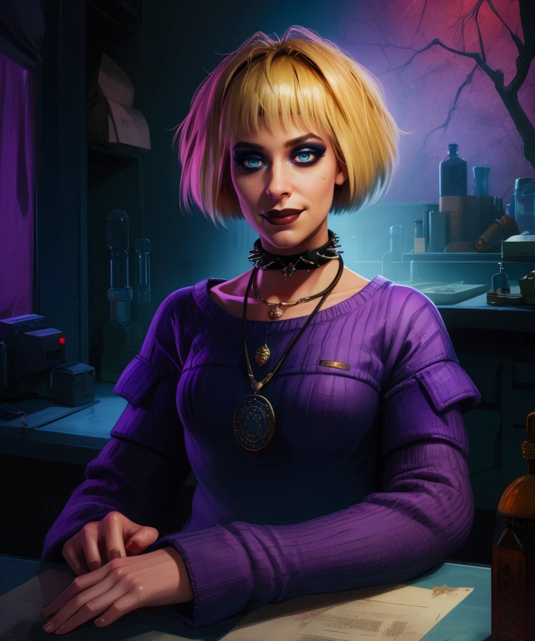 mistyo,blonde hair,blue eyes,medium hair,makeup,
purple sweater,collarbone,choker,necklace,
smile,sitting,
dark room,science fiction,counter,purple lighting,
(insanely detailed, masterpiece, best quality),solo,<lora:MistyOlszewski-CP11:0.9>,