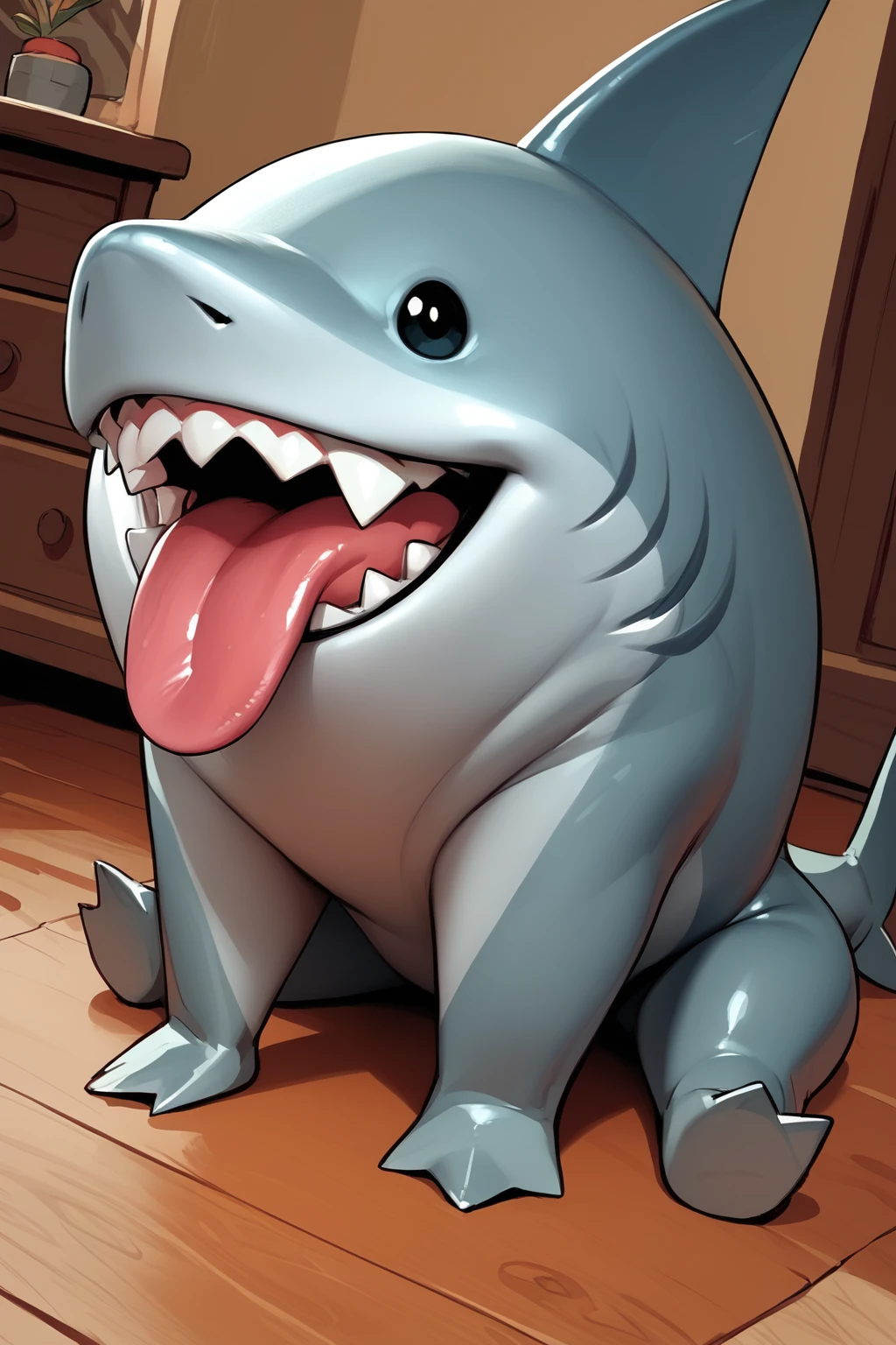 score_9, score_8_up, score_7_up, masterpiece, high quality source_comic
 <lora:JefftheLandsharkPonyLora:0.8> jeffthelandshark, shark, no humans, pokemon (creature), tail, sharp teeth, fang out, looking at viewer, leash, sitting, mouth closed, chibi