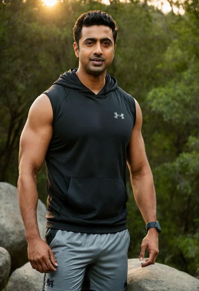 photo of Kal Penn a man <lora:Dev-Adhikari_Kal-Penn:0.7>, wearing a sleeveless well-fitted under armour hoodie and compression shorts, standing on a boulder, outdoor trail, 35mm photograph, film, bokeh, professional, 4k, highly detailed, creek in the background, natural lighting, golden hour