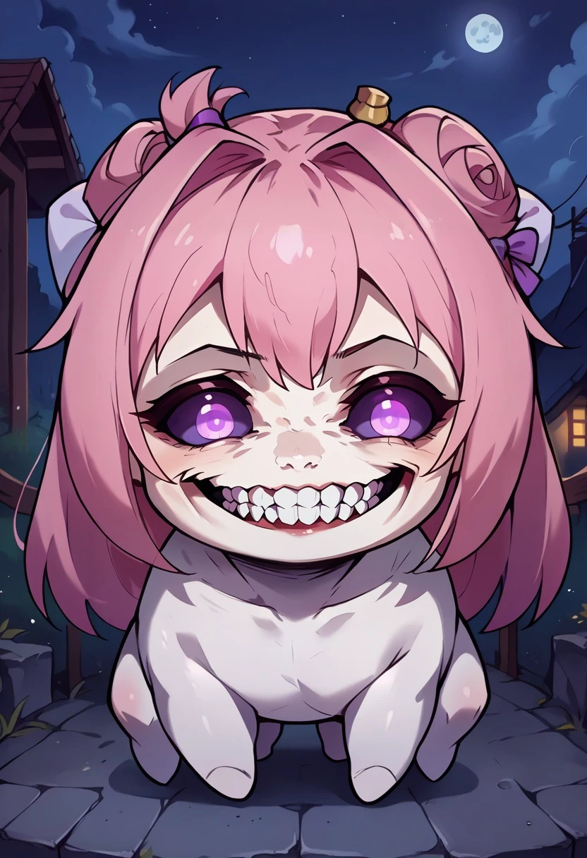 score_9, score_8_up,score_7_up,score_6_up, source_anime,night,doro, creature, :3, chibi, pink hair, purple eyes, hair bun, hair bow, no humans, white skin, four legs, solid circle eyes, no pupils
solgo, sharp teeth, evil grin, black sclera, glowing eyes,
<lora:Solgo-grin-v1-potat:1>
<lora:Doro_X_PDXL_V1:0.8>