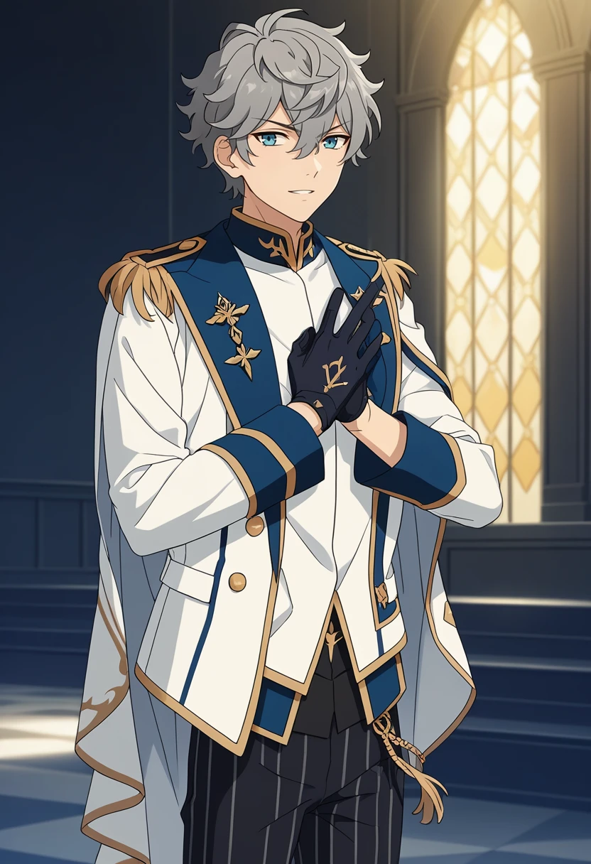 score_9, score_8_up, score_7_up, masterpiece, best quality, cute, male focus, solo, Izumi Sena, grey hair, blue eyes, white jacket, blue vetst, striped pants, EPAULETTES, single black glove<lora:EMS-364746-EMS:1.000000>