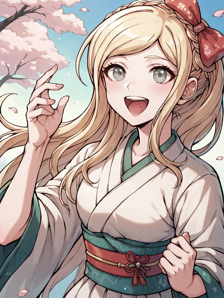 score_9, score_8_up, score_7_up, 1girl, Sonia Nevermind, blonde hair, long hair, crown braid, grey eyes, hair bow,

smile, open mouth, happy, upper teeth, kimono, white kimono, 
