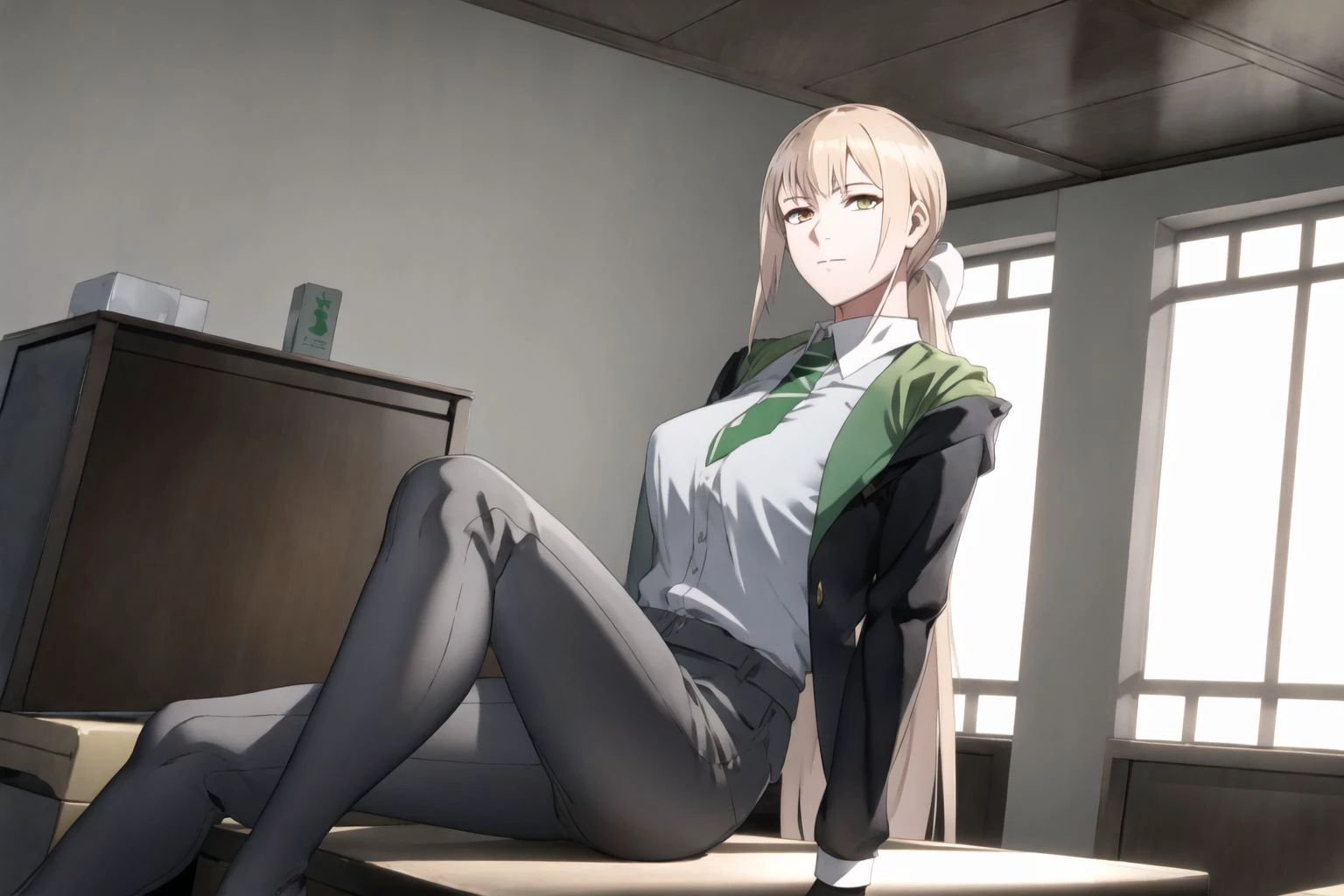 <lora:hogsks-weak:1>, hogwarts school uniform, slytherin,
sitting on desk, indoors, european architecture,
wide shots, legs
illustration,realistic,photorealistic
<lora:xianhua_anothereden:0.7>, xianhua_anothereden, 1girl, closed mouth
low ponytail
highres, ultra detailed
long hair
very long hair
big breasts, highres, ultra detailed