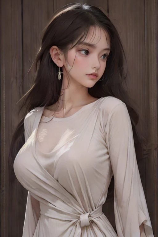 Masterpiece,Best quality,Photorealistic,(Ruffled wrap dress,drop earrings, crossbody bag,soft waves.),upper body,very deep double eyelids,symmetrical eyes,very light makeup,from side,
beauty girl,(huge breasts:1.5),<lora:Fuka07:0.5>,(skinny body:1.2),very long hair,slender body,face focus close,(looking away:1.4),((face side:1.3)),