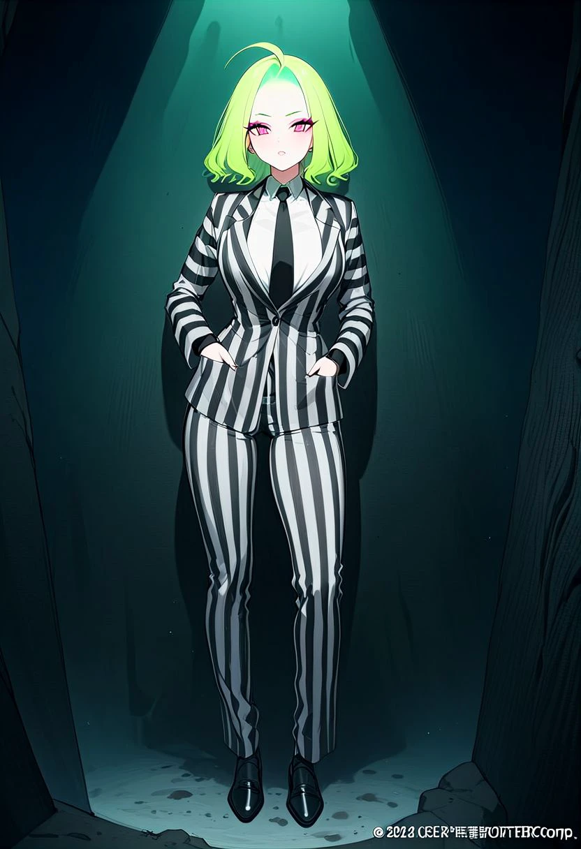 bjzzs, 1girl, female focus, makeup, dirt splotches, underworld vibes, suit, standing, jacket, beard, pinstripe pattern, vertical stripes, long sleeves, necktie, green hair, pants, shirt, striped, formal, prison clothes, poltergeist vibes, beetlejuice beetlejuice beetlejuice, masterpiece, official photography, best poltergeist, best quality