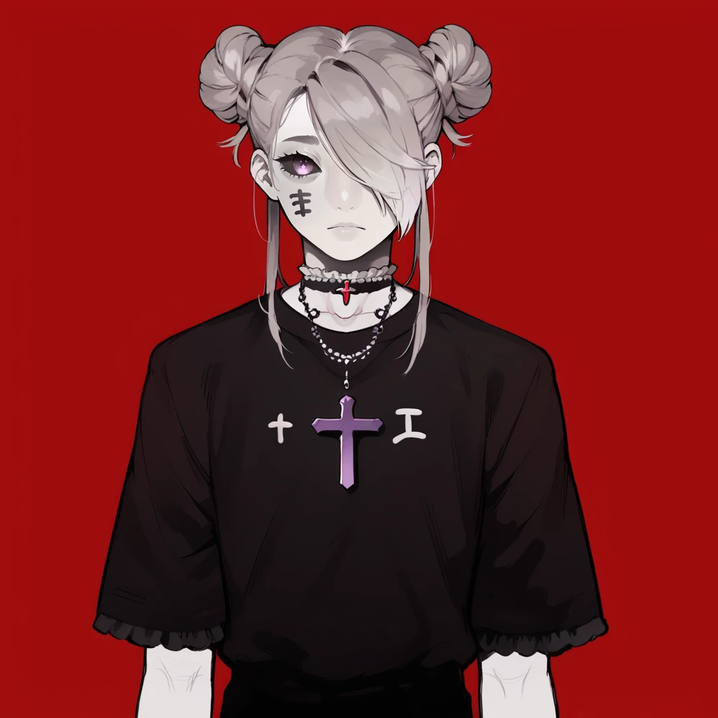 PonyXLV6_Scores, 1girl, androgynous, black choker, black sclera, black shirt, body writing, boots, breasts, choker, cross, double bun, frilled shirt collar, grey hair, greyscale, hair over one eye, hand up, holding, jewelry, long hair, male focus, monochrome, necklace, purple eyes, red background, shirt, short sleeves, simple background, solo, suit, sweater, yellow background, <lora:VisualkeiPnyXL:1>
