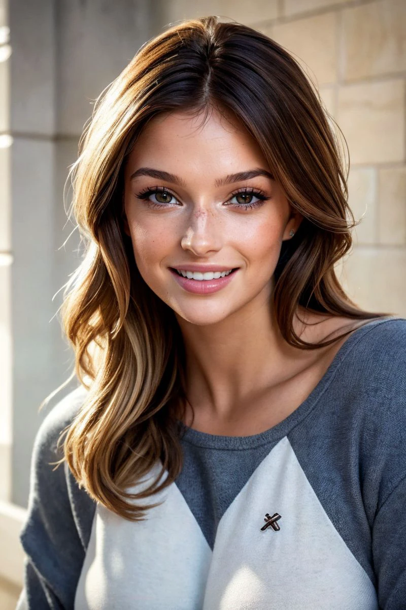closeup headshot of S402_NailaVanKommer,an attractive woman,in front of an (urinal-wall:1.1),wearing a (crewneck:1.1),(smiling),(4k, RAW photo, best quality, 50mm, depth of field, ultra high res:1.1),(intricate, photorealistic, cinematic-shot, masterpiece, ultra-detailed:1.1),