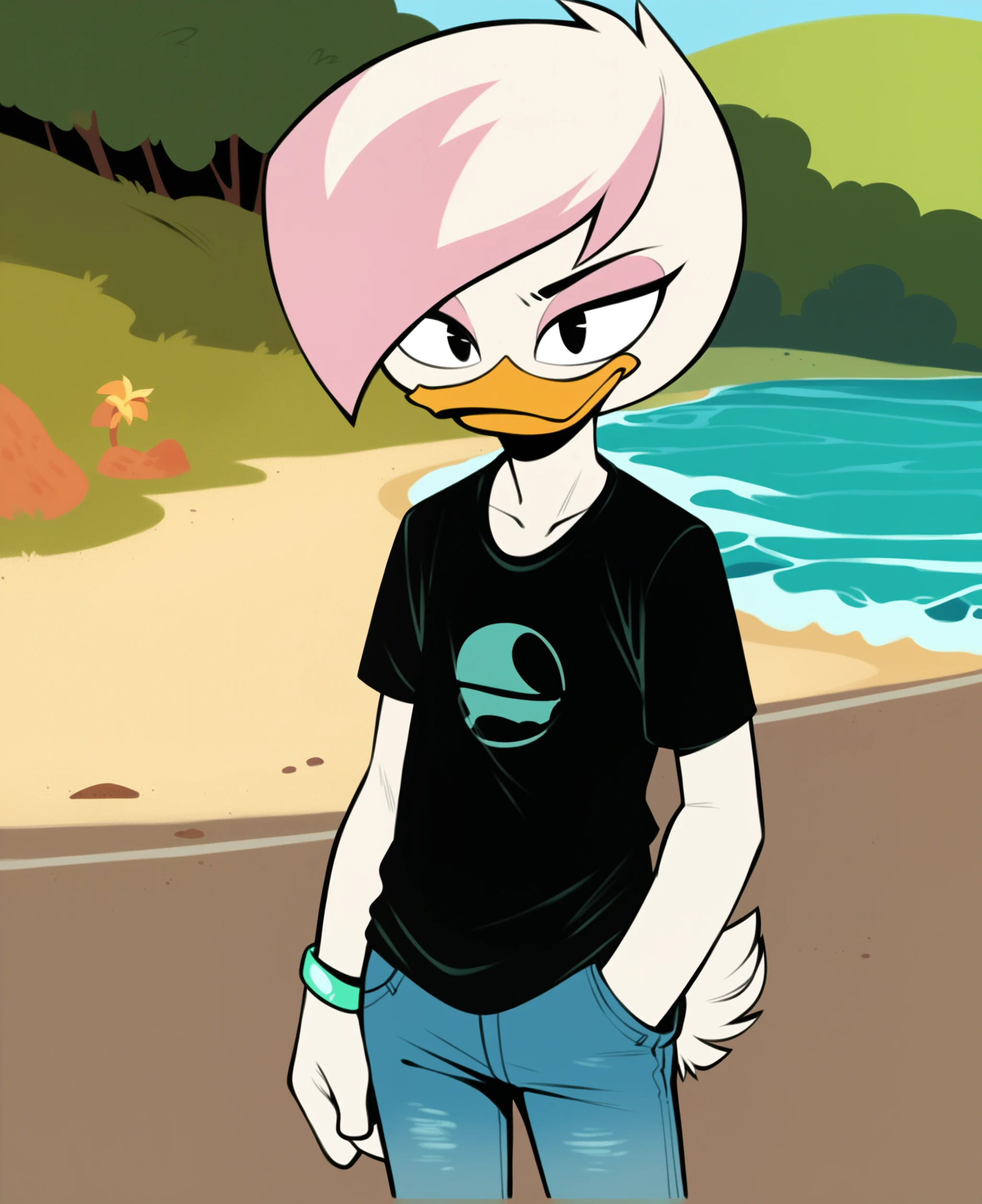 score_9, score_8_up, score_7_up, score_6_up, best quality, highres, source_furry, BREAK nzm BREAK
1girl, female, solo, outside, boardwalk, beach, duck, beak, lena sabrewing, young, child, white skin, white hair, pink highlights, short hair, black eyes, annoyed, smug, hand in pocket, bracelet, (white t-shirt, oversized clothes, jeans, shirt tucked in) <lora:Lena_Sabrewing:1>