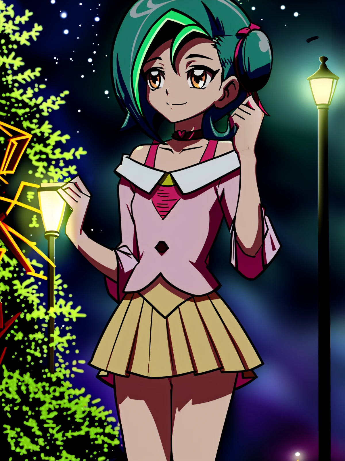 SLE, mksks style, detailed background absurdres, highres, cowboy shot, solo, 1girl, <lora:Kotori Mizuki (Yu-Gi-Oh ZEXAL):1>, casual_2, standing, looking away, smile, blush, legs together, park, outdoors, trees, lamppost, night, night sky, star \(sky\)