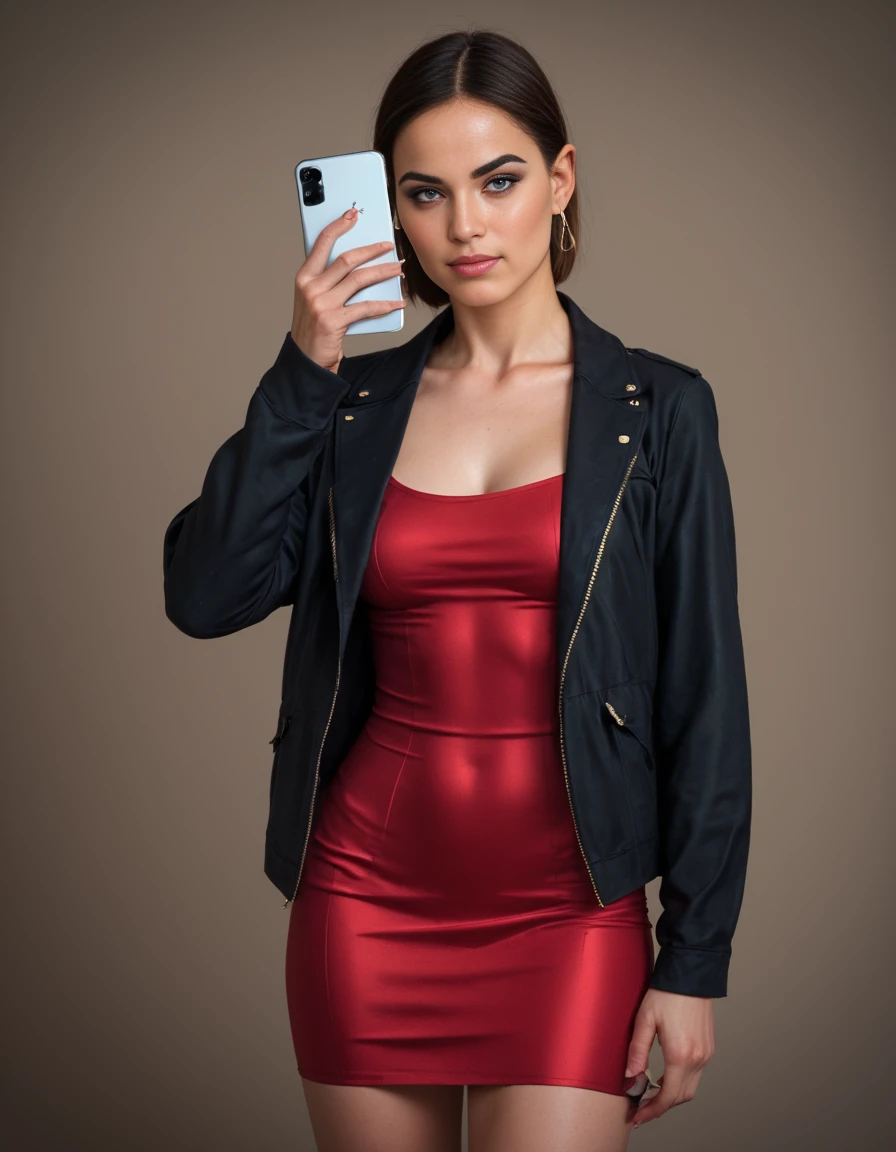 score_9,score_8_up,realistic,1girl,<lora:Natalie_Mars:1>,natalie_mars,makeup,cellphone,black jacket,skater dress,