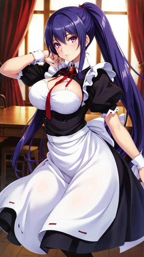 score_9, score_8_superior, score_7_superior, score_6_superior,drawing of woman in maid outfit eating something with some hair sticking out, 1girl, breasts, animal ears, maid headdress, thighhighs, long hair, tail, navel, maid, bow, garter straps, detached sleeves, cleavage, white background, bowtie, heart, purple hair, open mouth, blush, skirt, solo, looking at viewer, simple background, white thighhighs, apron, large breasts, purple eyes