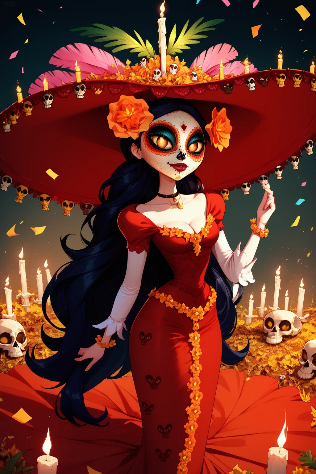 score_9, score_8_up, score_7_up, masterpiece, high quality
 <lora:La MuertePonyLora:1> 1girl, very long hair, hat, hair ornament, orange eyes, yellow sclera, makeup, facepaint, colored skin, flower, choker, skull, jewelry, candle, long dress, flower trim, pink feathers, cleavage, leaf, confetti