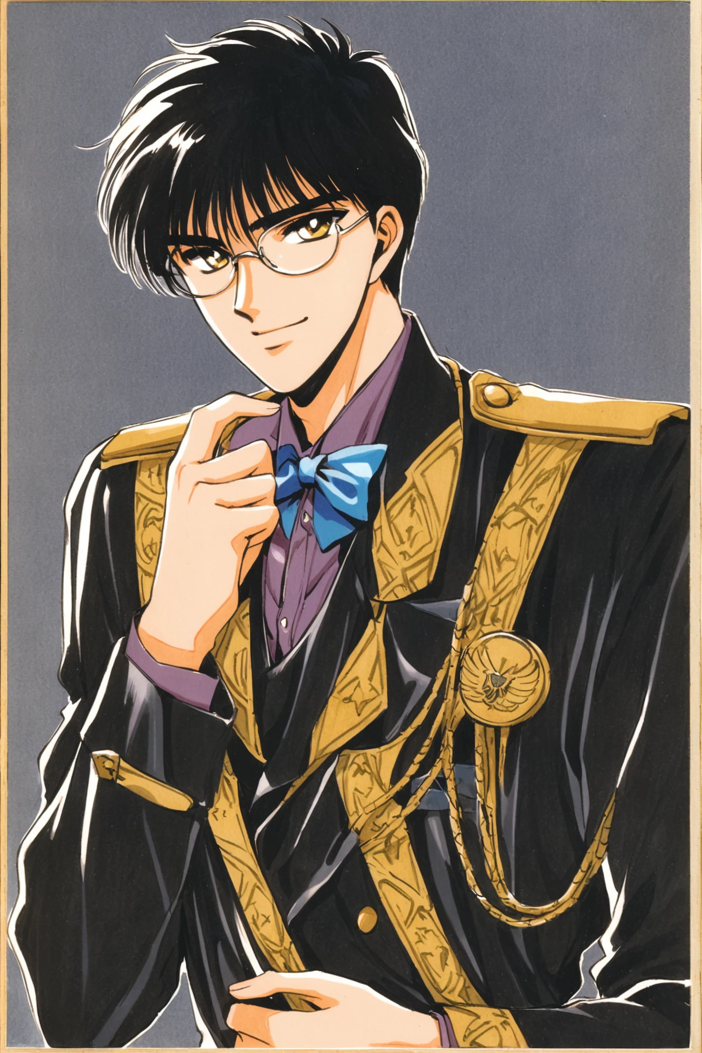 Seishiro Sakurazuka,1boy, male focus, solo, black hair, glasses, yellow eyes, looking at viewer, retro artstyle, black background, smile, uniform, bow, bowtie, 1990s (style), simple background,traditional media,<lora:Tokyo Babylon_XL:0.8>,