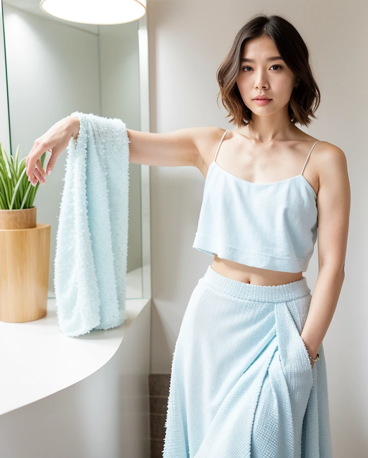 A 24 year old Japanese woman wearing  Seafoam crop top, white chiffon shawl, blue linen wrap skirt, and a bamboo bangle., with Layered haircut hair,   in Candy Store, *betterfashion*, professional photo,  Standing pose, <lora:BetterFashion_Casual-000007:0.85>