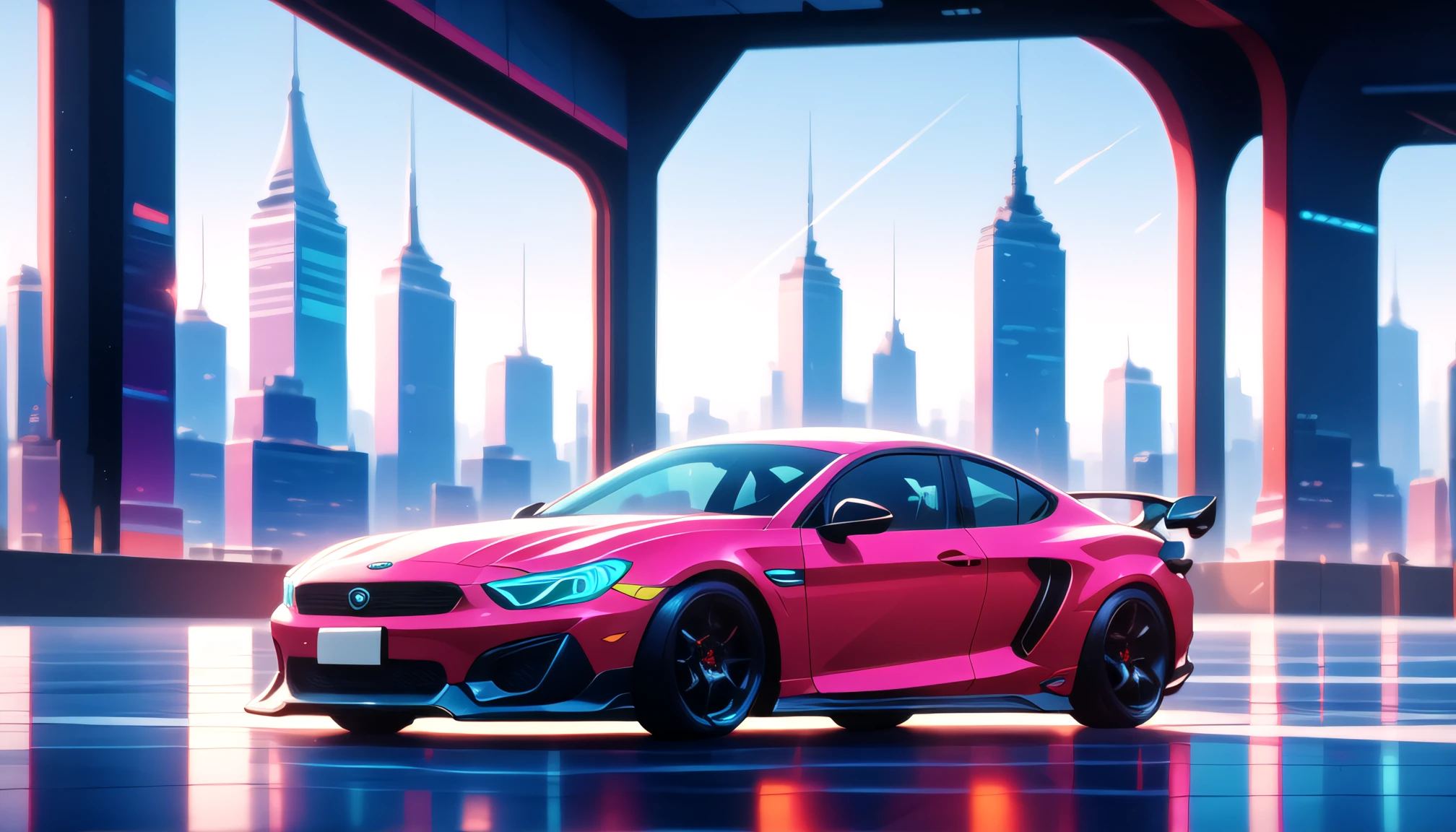 cyberpunk sports car, new york city, high quality, highly detailed, masterpiece, digital illustration, pg_rating