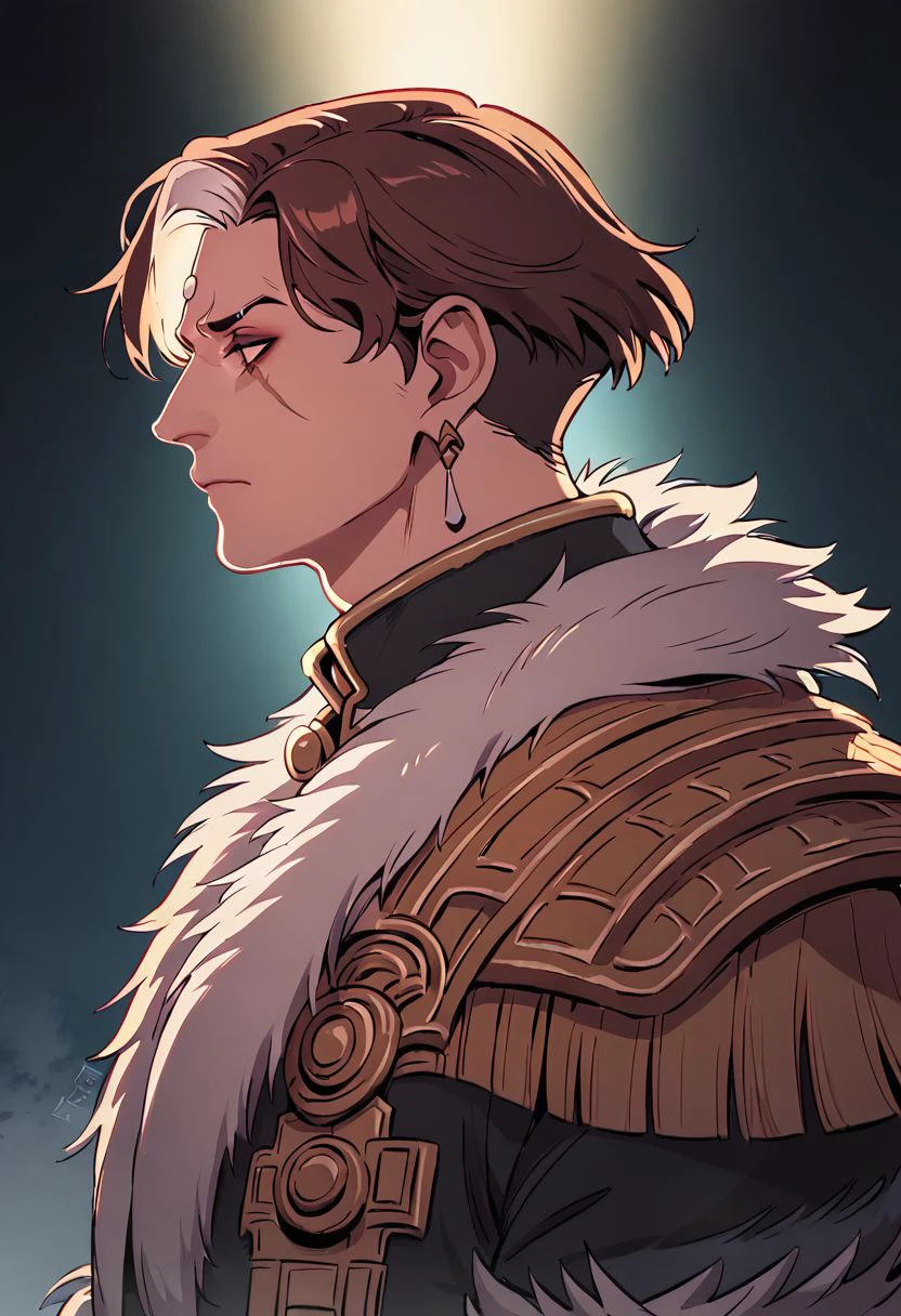 Emet Selch, 1boy, brown hair, closed mouth, coat, earrings, fringe trim, from side, fur trim, fur-trimmed coat, jewelry, male focus, multicolored hair, profile, scar, short hair, signature, two-tone hair, upper body zPDXL