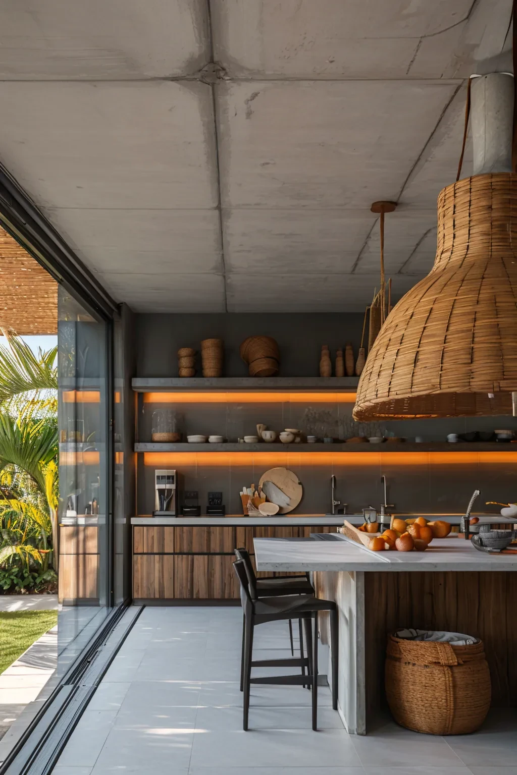 photo, interior, kitchen, tropical brutalism, kichen island, potted plan, exposed concrete ceiling, wooden furniture, wicker lamp, natural light, window, chair, table, wide angle, <lora:AIDVN_tropical_brutalism_interior:0.8>