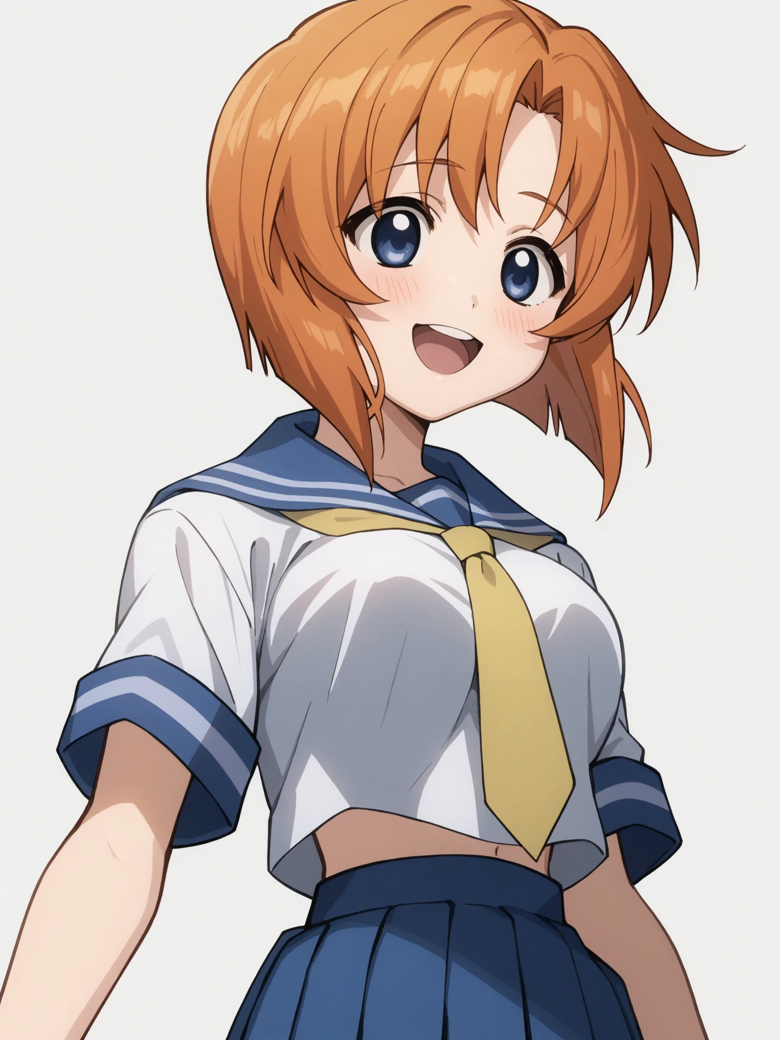 Ugly score_9, score_8_up, score_7_up, score_6_up, source_anime, anime screencap, anime coloring, <lora:0r0P00W0n0j0O0kqLPony_LoRA_V1>, 1girl, ryuuguu rena, solo, teenage, kawaii, breasts, medium breasts, blue eyes, blush, open mouth, orange hair, short hair, big breasts, simple background, white background, blue school uniform, serafuku, skirt, smile, pleated skirt, blue skirt, necktie, yellow necktie