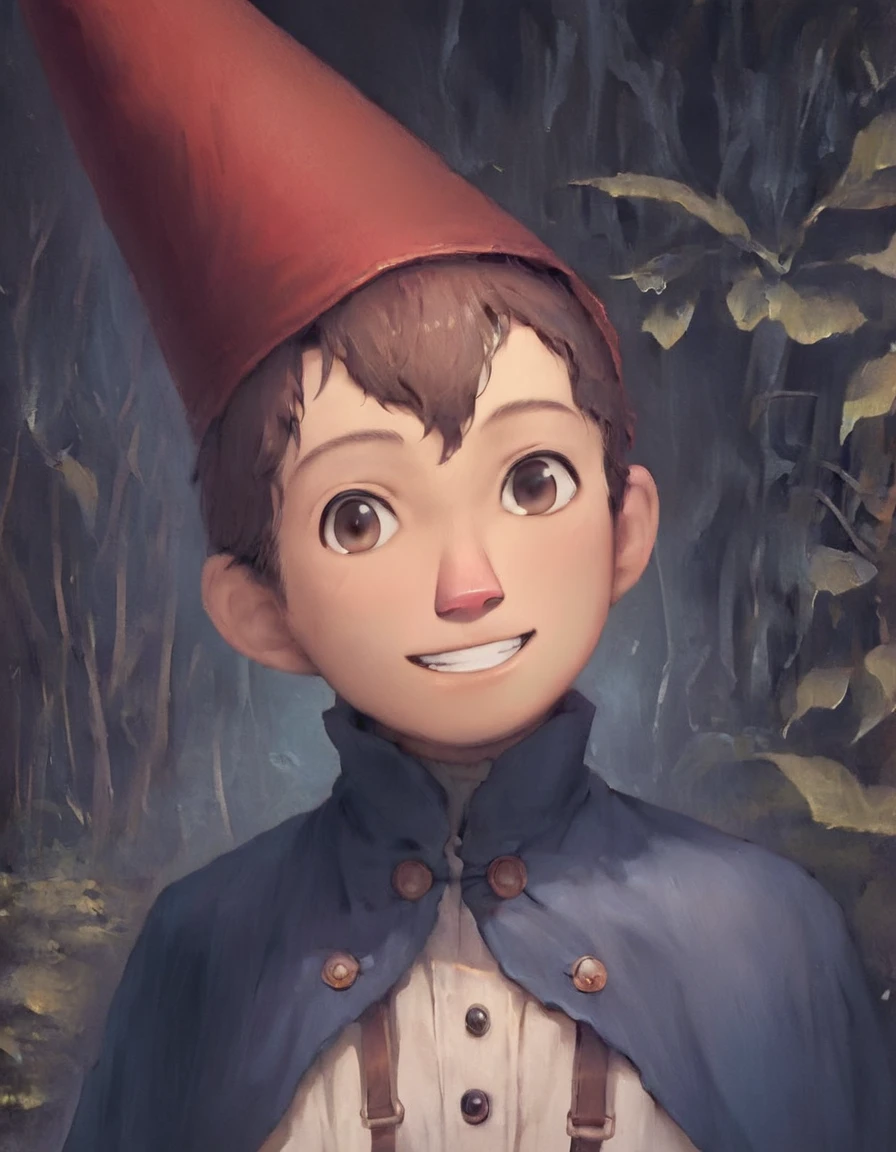 source_ANIME, score_9, score_8_up, score_7_up, anime illustration, 1boy, cute, wirtotgw, wirt, over the garden wall, wirt_(over_the_garden_wall), pink nose, cynical smile, solo, beige skin, short hair, brown_hair, hair between eyes, suspenders, male_focus, long_sleeves, blue cape, red hat, cone hat, dark forest, brown forest, dark colors, black background, dark background, (detailed:1.5), detailed shadows, chiaroscuro, (detailed shading:1.5)